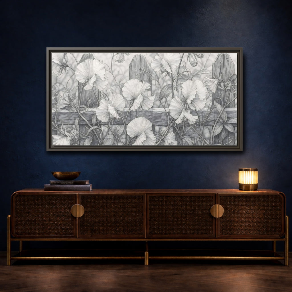 Mockup 4. Nature Sweet Peas Monochrome Floral shown as stretched canvas wall art