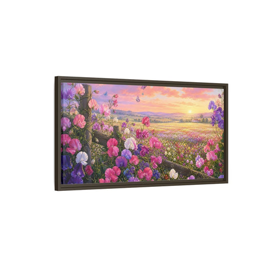 Main Mockup. Nature Sweet Peas Pastel Flower Field shown as stretched canvas wall art