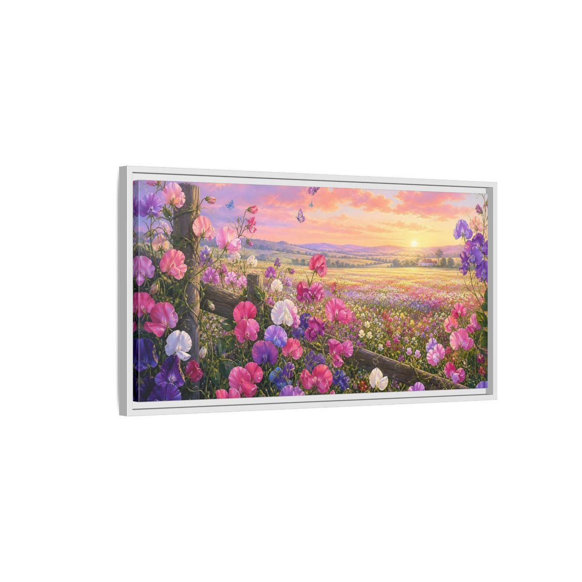 Side Mockup 1. Nature Sweet Peas Pastel Flower Field shown as stretched canvas wall art