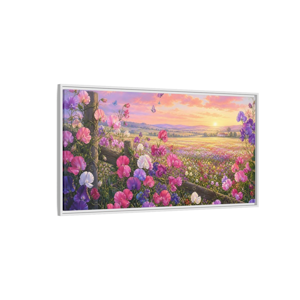 Side Mockup 3. Nature Sweet Peas Pastel Flower Field shown as stretched canvas wall art