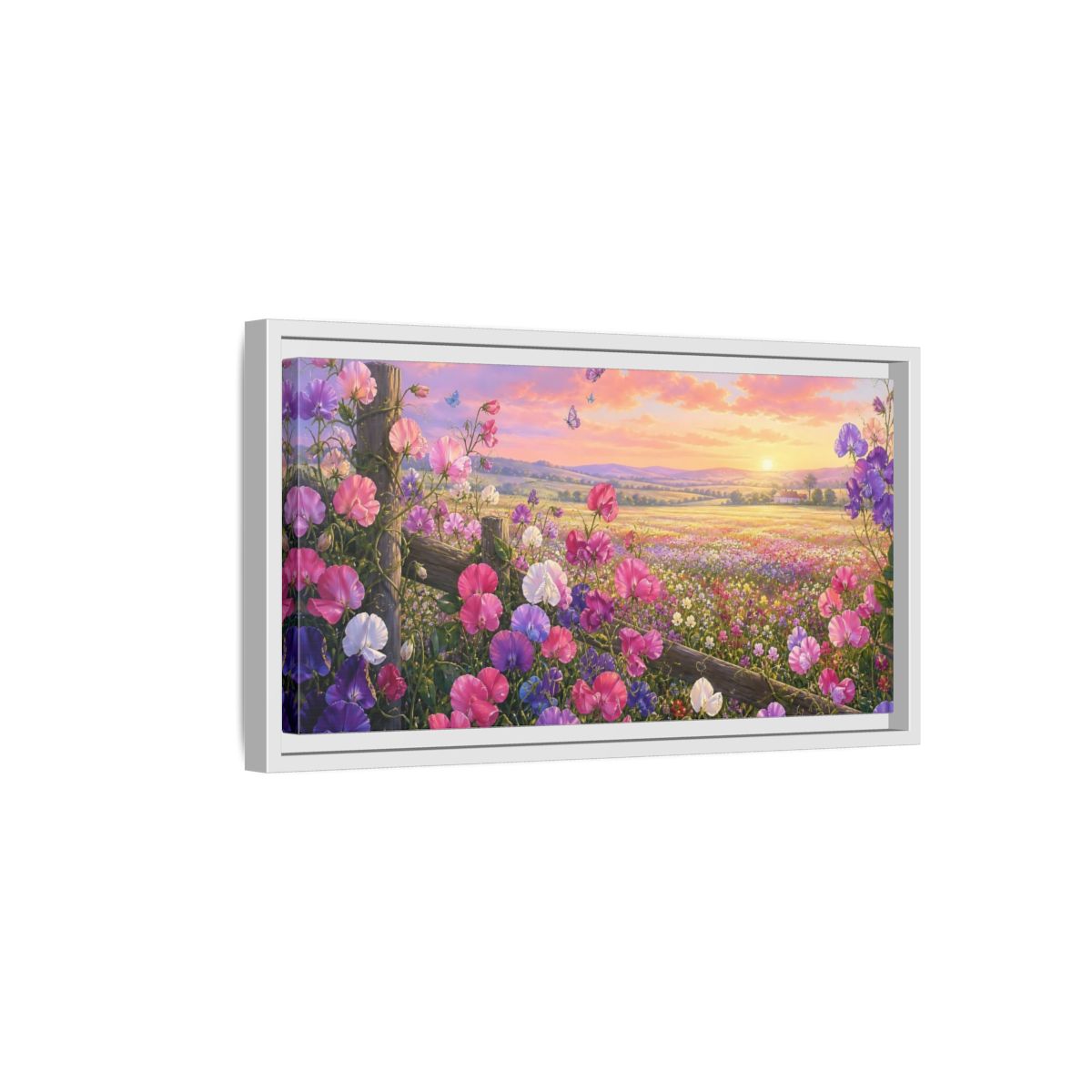 Side Mockup 6. Nature Sweet Peas Pastel Flower Field shown as stretched canvas wall art