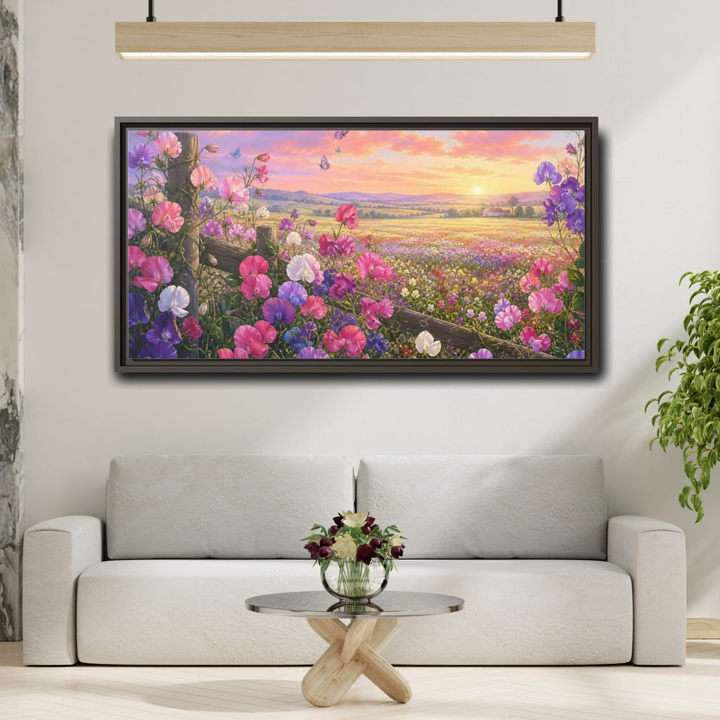 Mockup 2. Nature Sweet Peas Pastel Flower Field shown as stretched canvas wall art