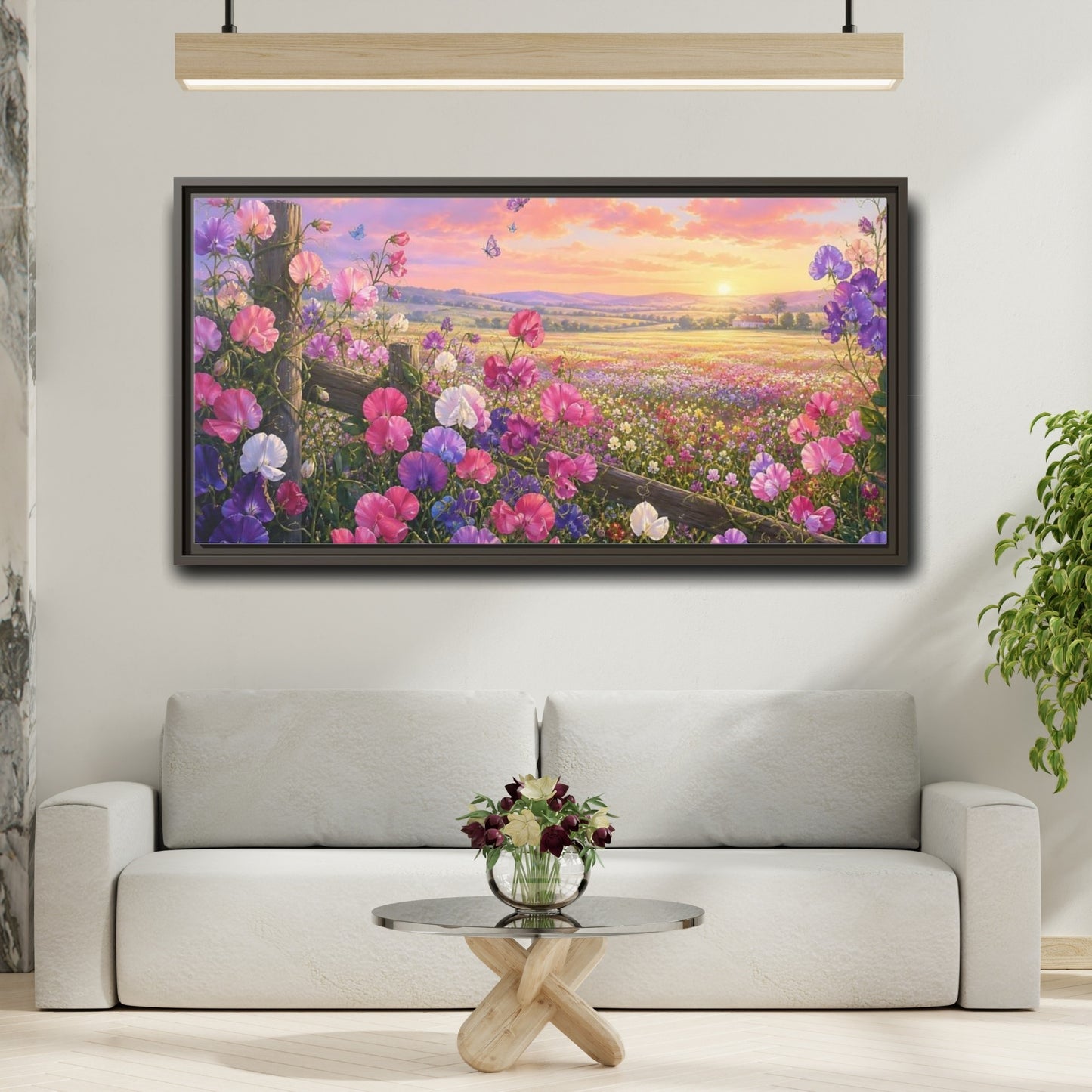 Mockup 2. Nature Sweet Peas Pastel Flower Field shown as stretched canvas wall art