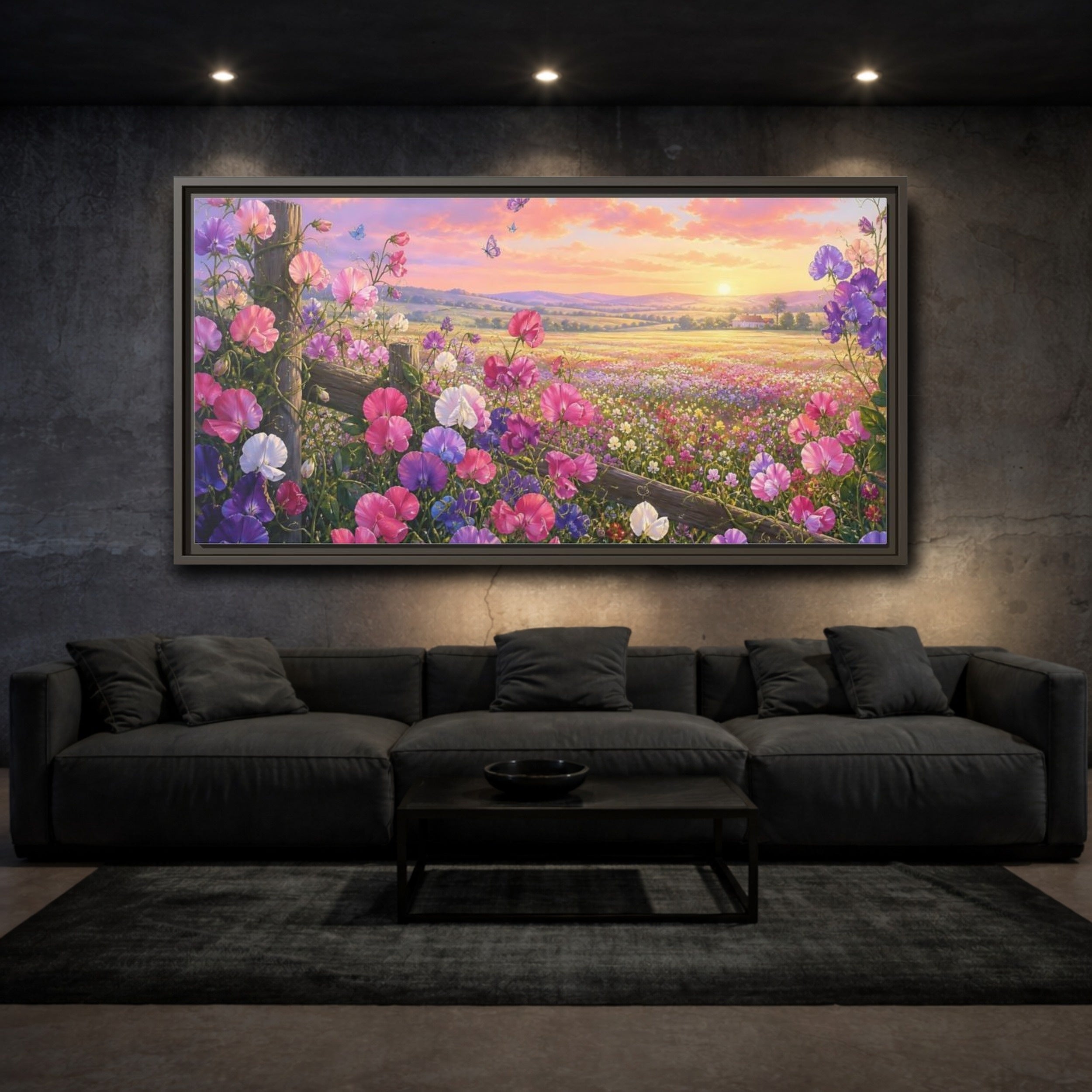 Mockup 3. Nature Sweet Peas Pastel Flower Field shown as stretched canvas wall art