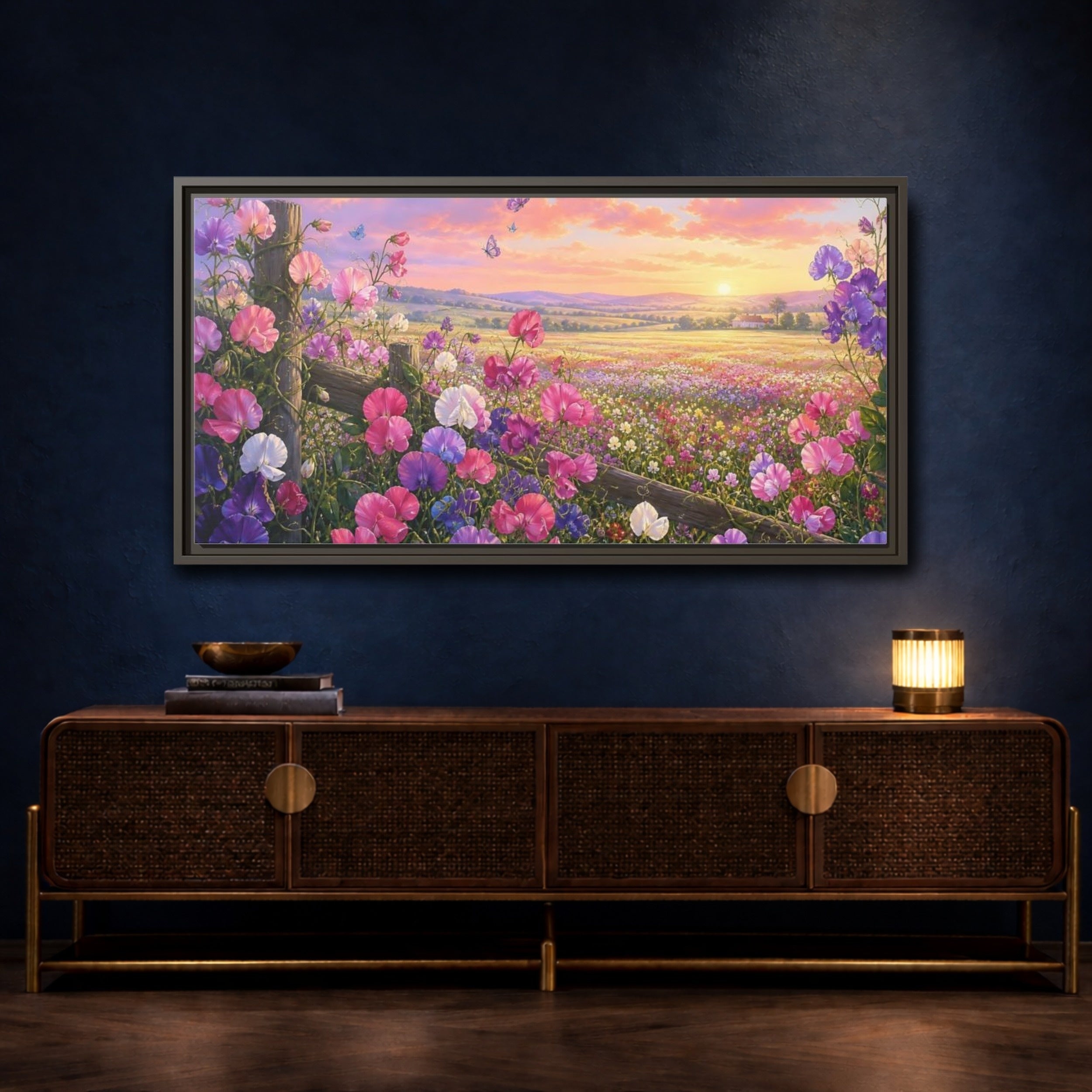 Mockup 4. Nature Sweet Peas Pastel Flower Field shown as stretched canvas wall art
