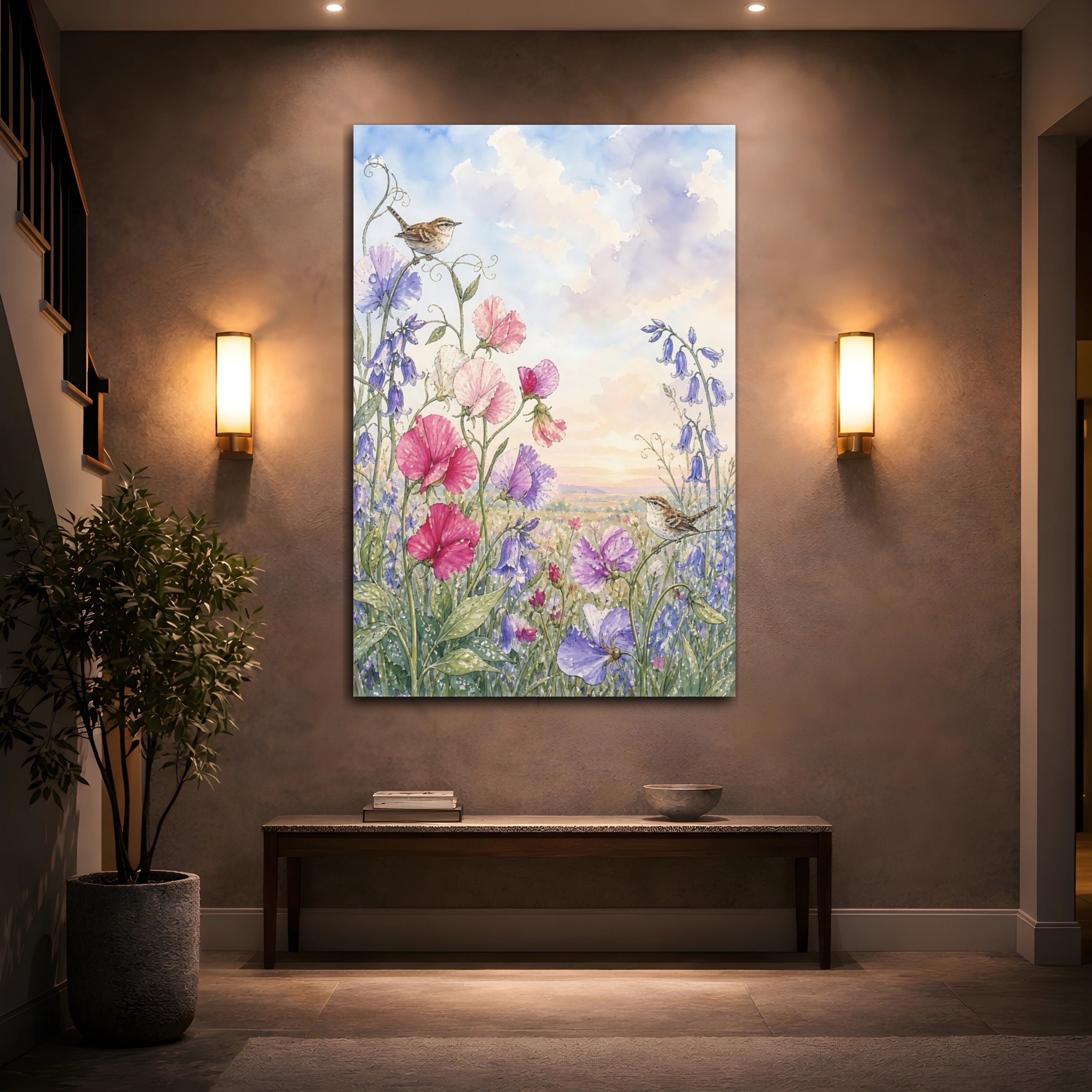 Mockup 2. Nature Sweet Peas Wrens Pastel Floral Birds shown as stretched canvas wall art