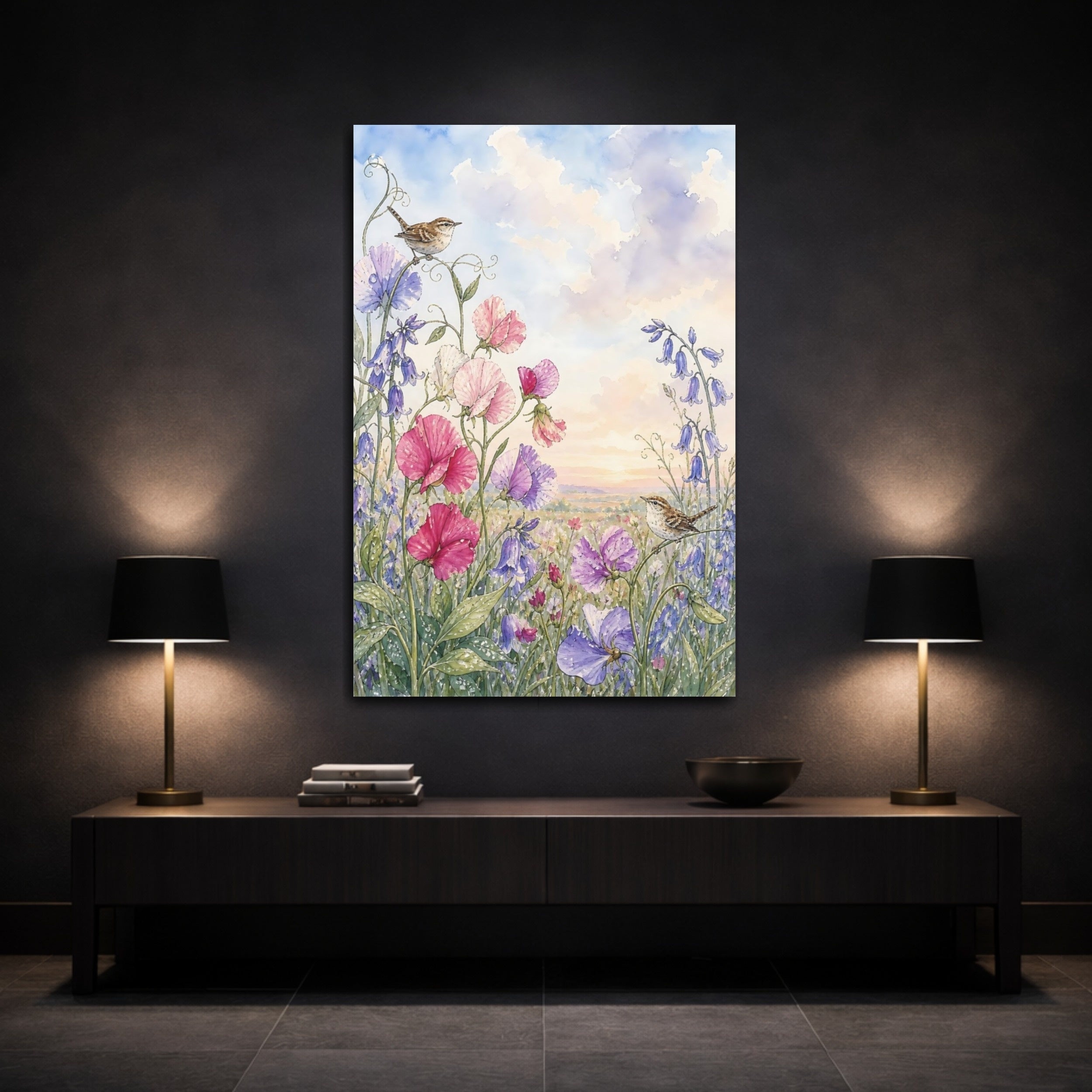 Mockup 3. Nature Sweet Peas Wrens Pastel Floral Birds shown as stretched canvas wall art