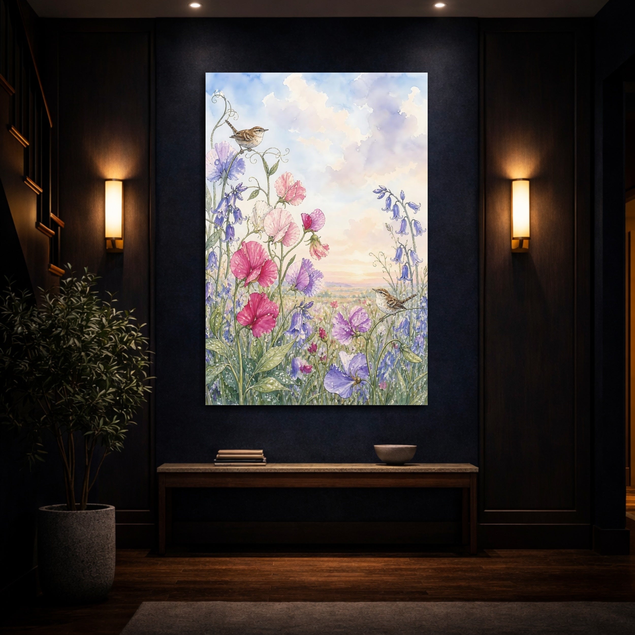 Mockup 4. Nature Sweet Peas Wrens Pastel Floral Birds shown as stretched canvas wall art