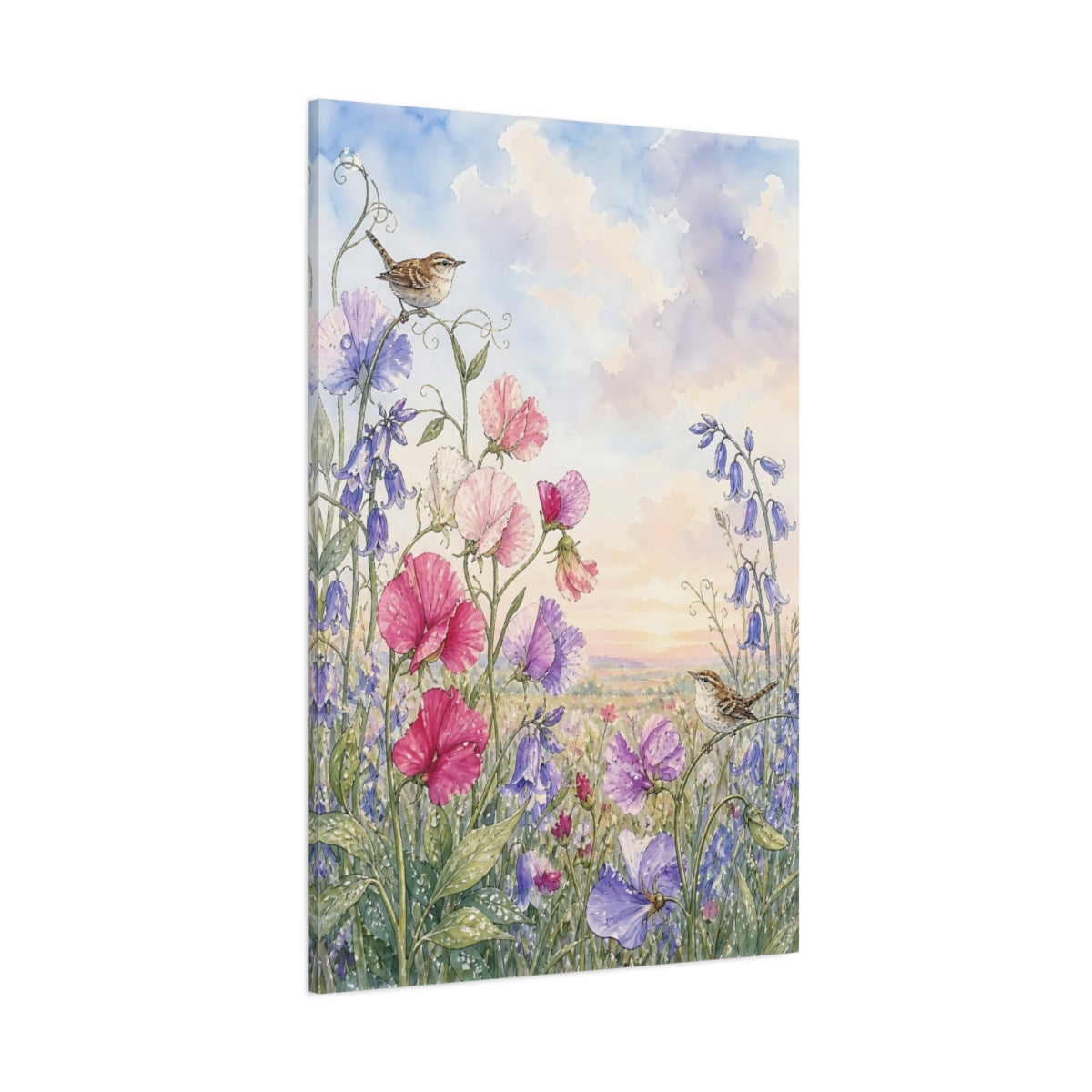 Side Mockup 1. Nature Sweet Peas Wrens Pastel Floral Birds shown as stretched canvas wall art