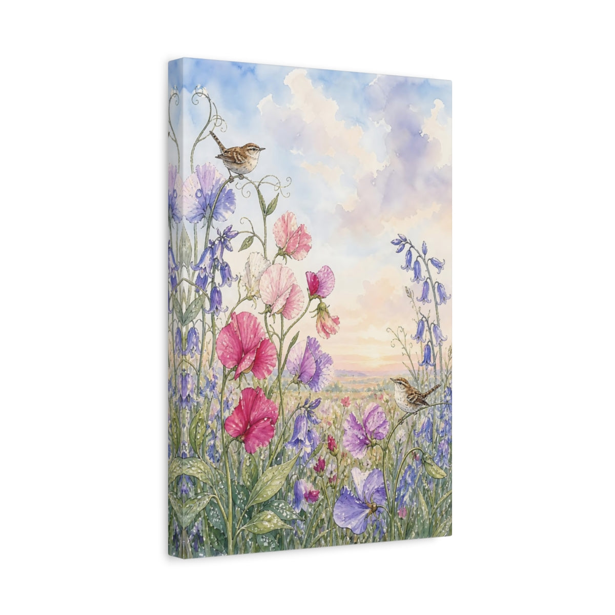 Side Mockup 4. Nature Sweet Peas Wrens Pastel Floral Birds shown as stretched canvas wall art