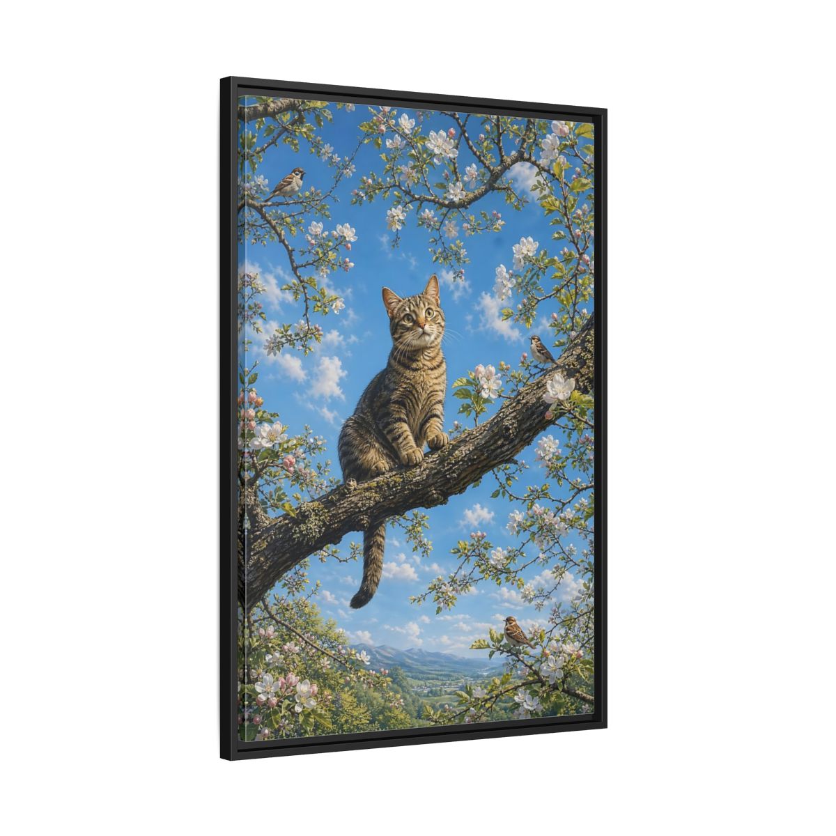 Nature Tabby Cat Spring Framed Canvas Wall Art - Realistic Living Room shown as canvas wall art