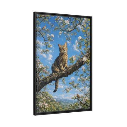Nature Tabby Cat Spring Framed Canvas Wall Art - Realistic Living Room shown as canvas wall art