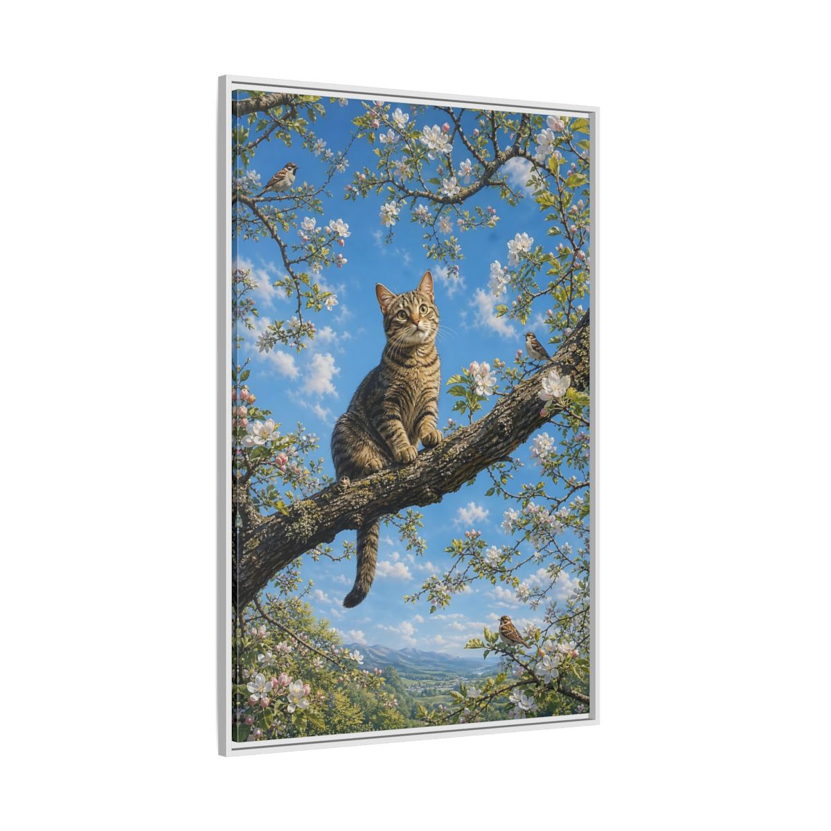 Nature Tabby Cat Spring Framed Canvas Wall Art - Realistic Living Room shown as canvas wall art