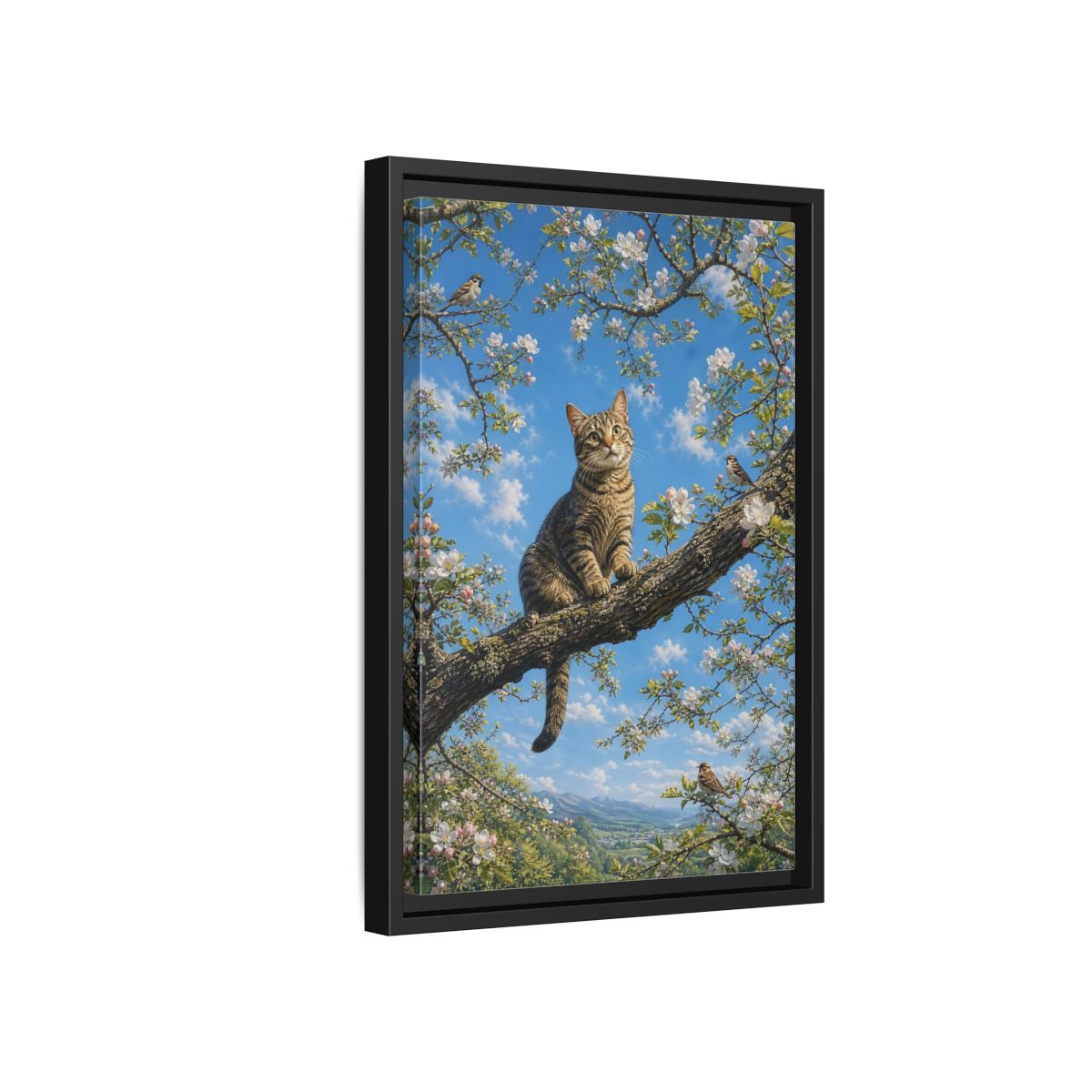 Nature Tabby Cat Spring Framed Canvas Wall Art - Realistic Living Room shown as canvas wall art