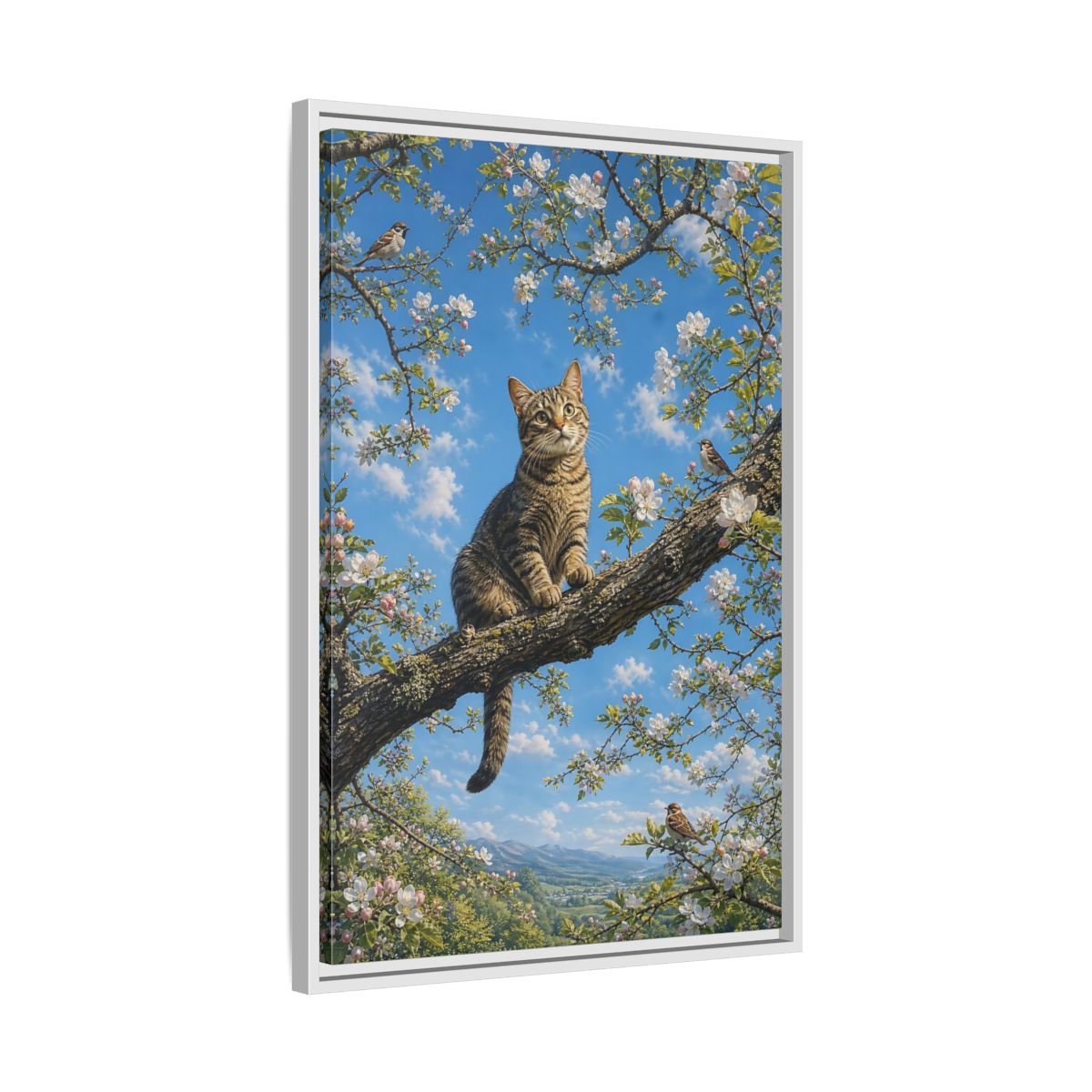 Nature Tabby Cat Spring Framed Canvas Wall Art - Realistic Living Room shown as canvas wall art