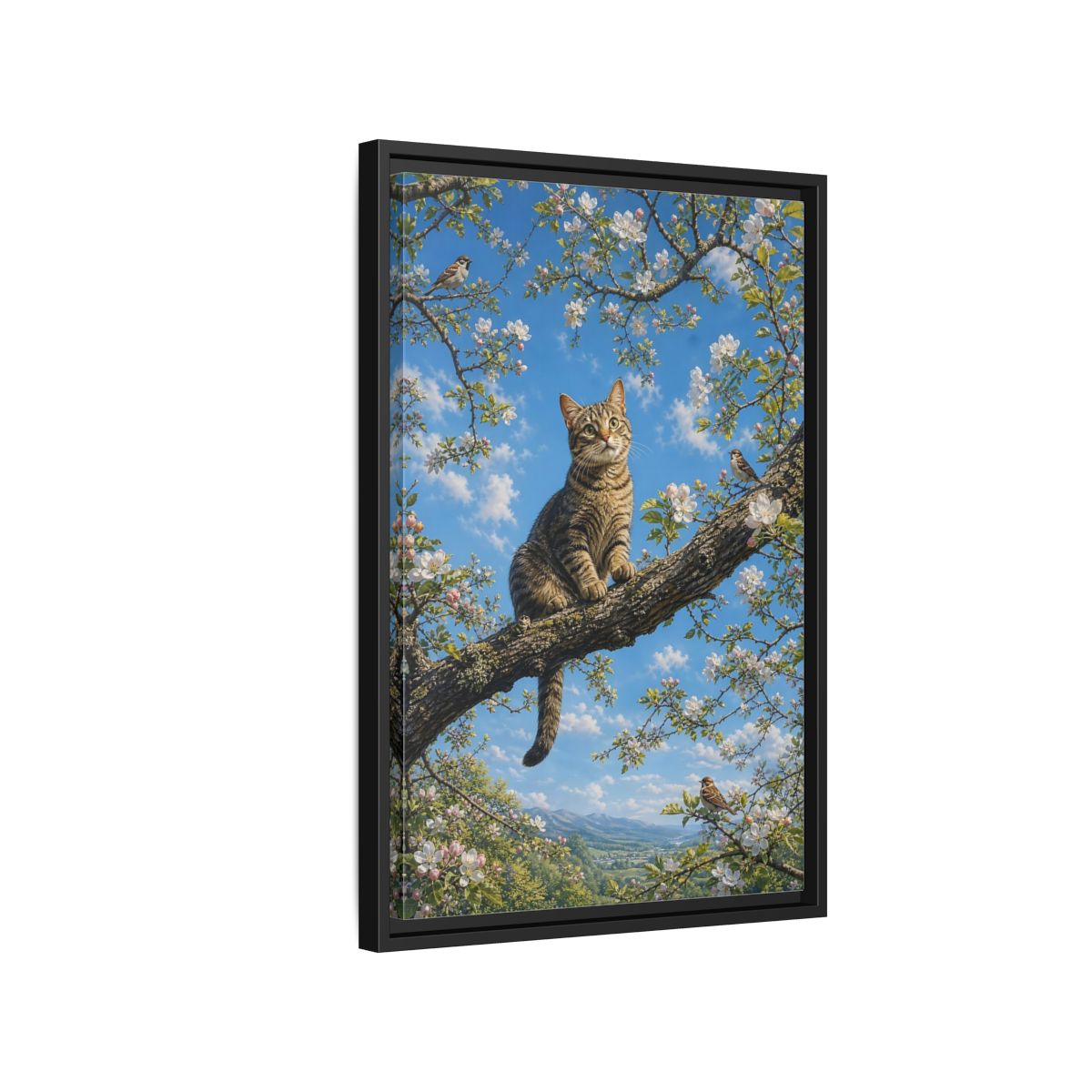 Nature Tabby Cat Spring Framed Canvas Wall Art - Realistic Living Room shown as canvas wall art