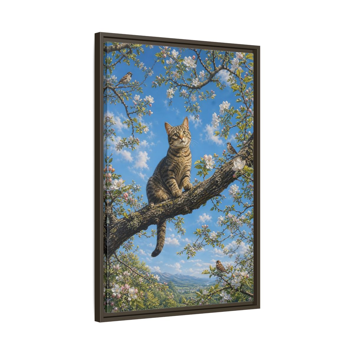 Nature Tabby Cat Spring Framed Canvas Wall Art - Realistic Living Room shown as canvas wall art