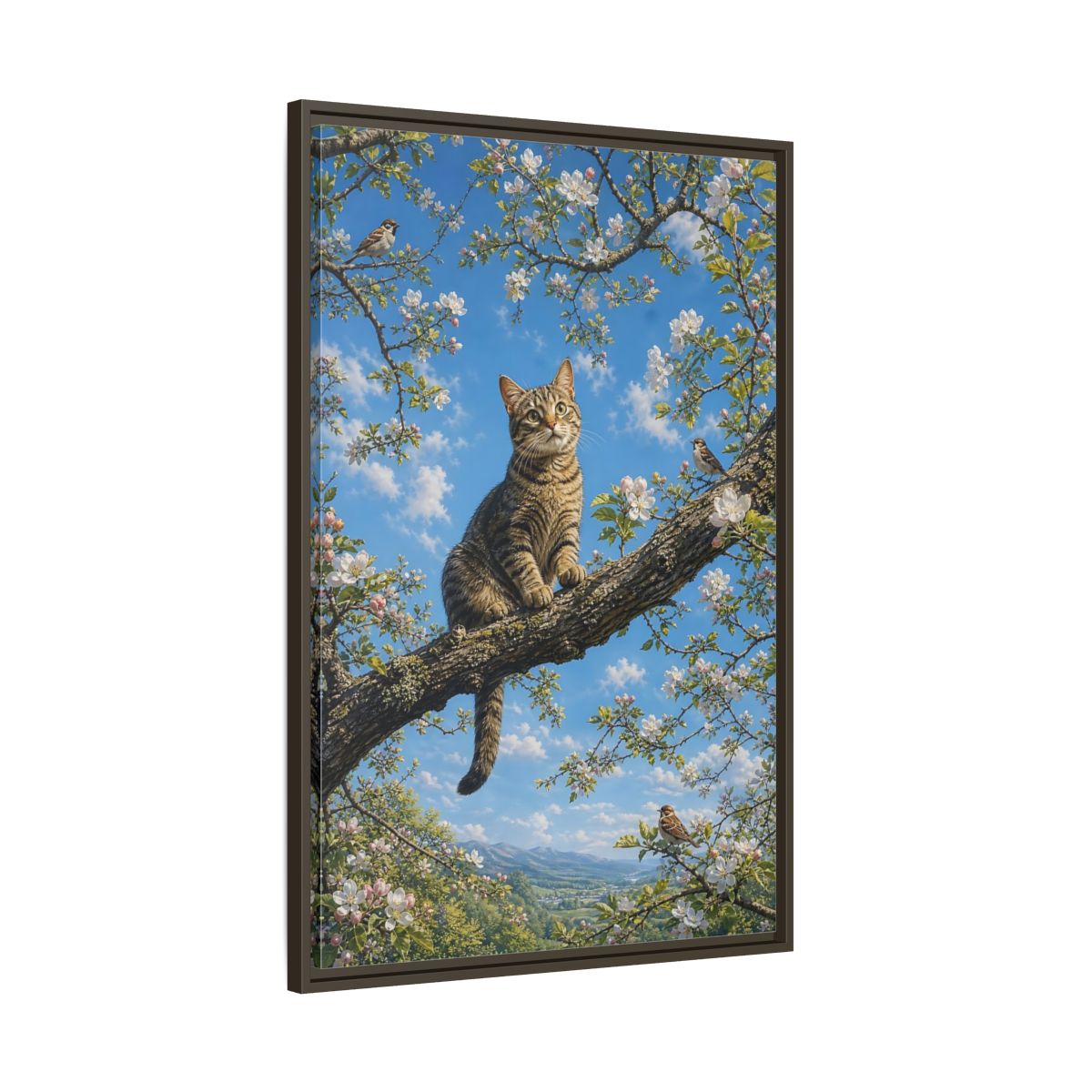 Nature Tabby Cat Spring Framed Canvas Wall Art - Realistic Living Room shown as canvas wall art