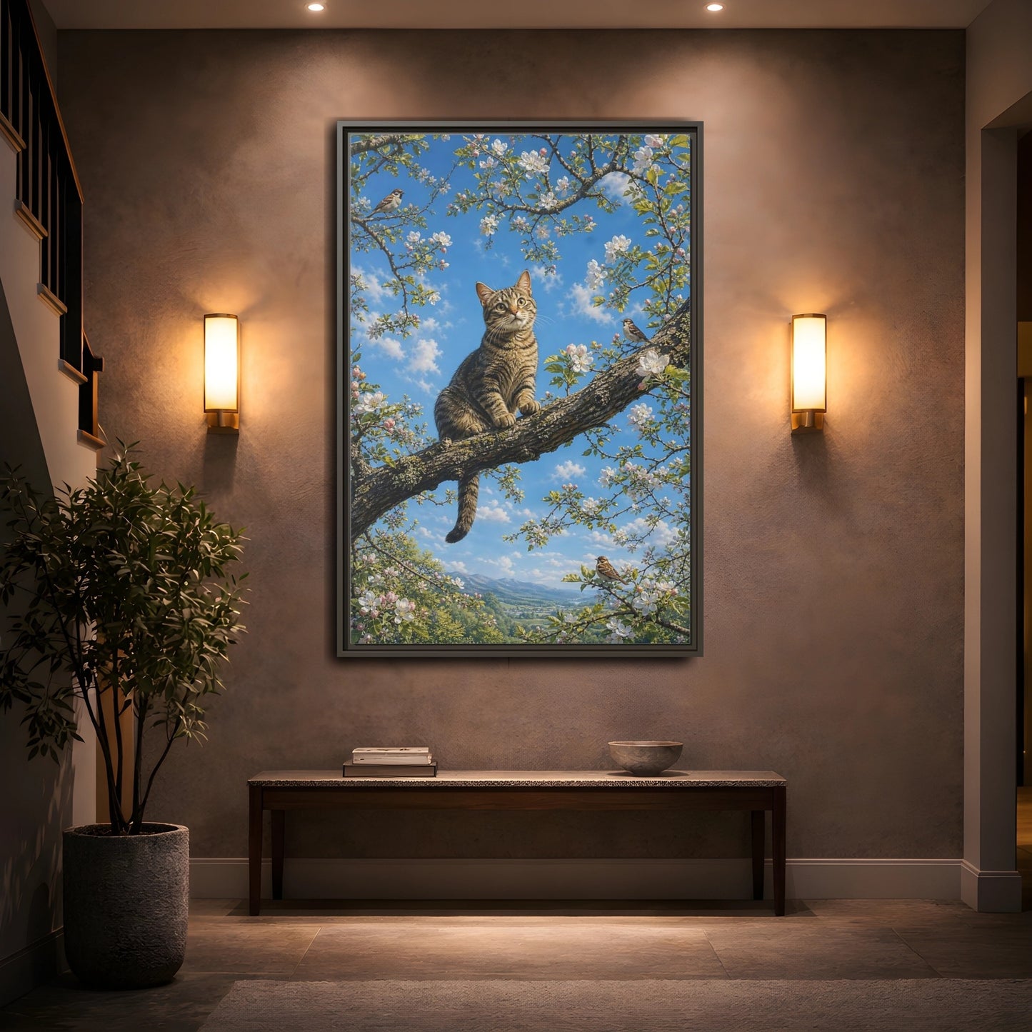 Nature Tabby Cat Spring Framed Canvas Wall Art - Realistic Living Room shown as canvas wall art