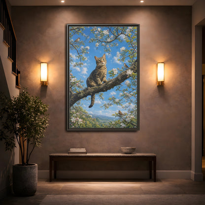 Nature Tabby Cat Spring Framed Canvas Wall Art - Realistic Living Room shown as canvas wall art