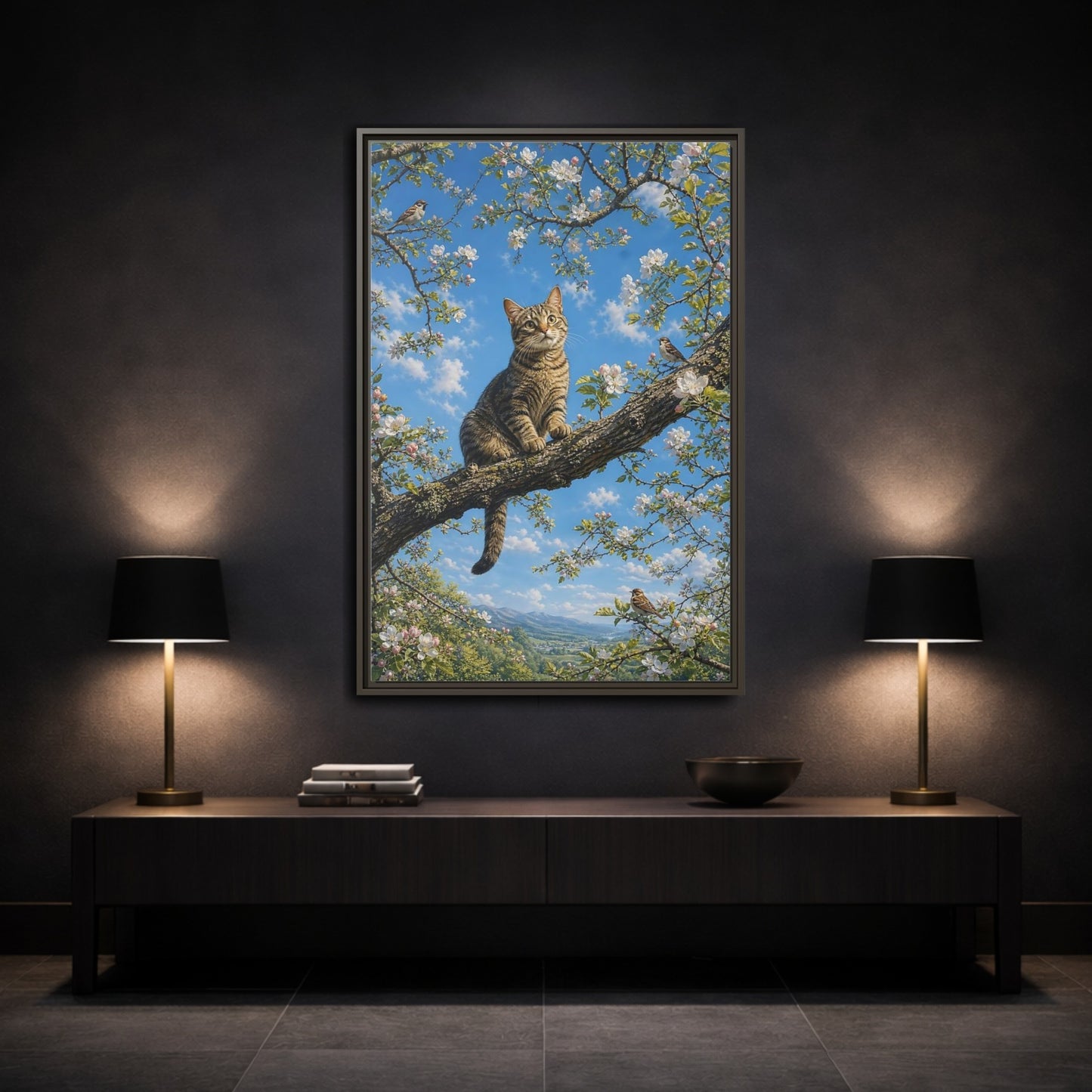 Nature Tabby Cat Spring Framed Canvas Wall Art - Realistic Living Room shown as canvas wall art