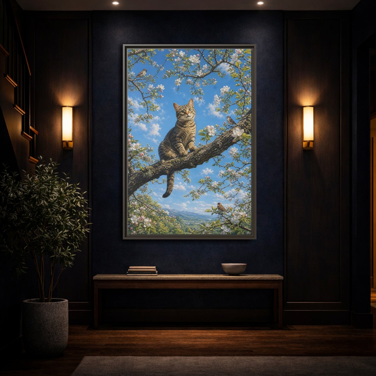 Nature Tabby Cat Spring Framed Canvas Wall Art - Realistic Living Room shown as canvas wall art