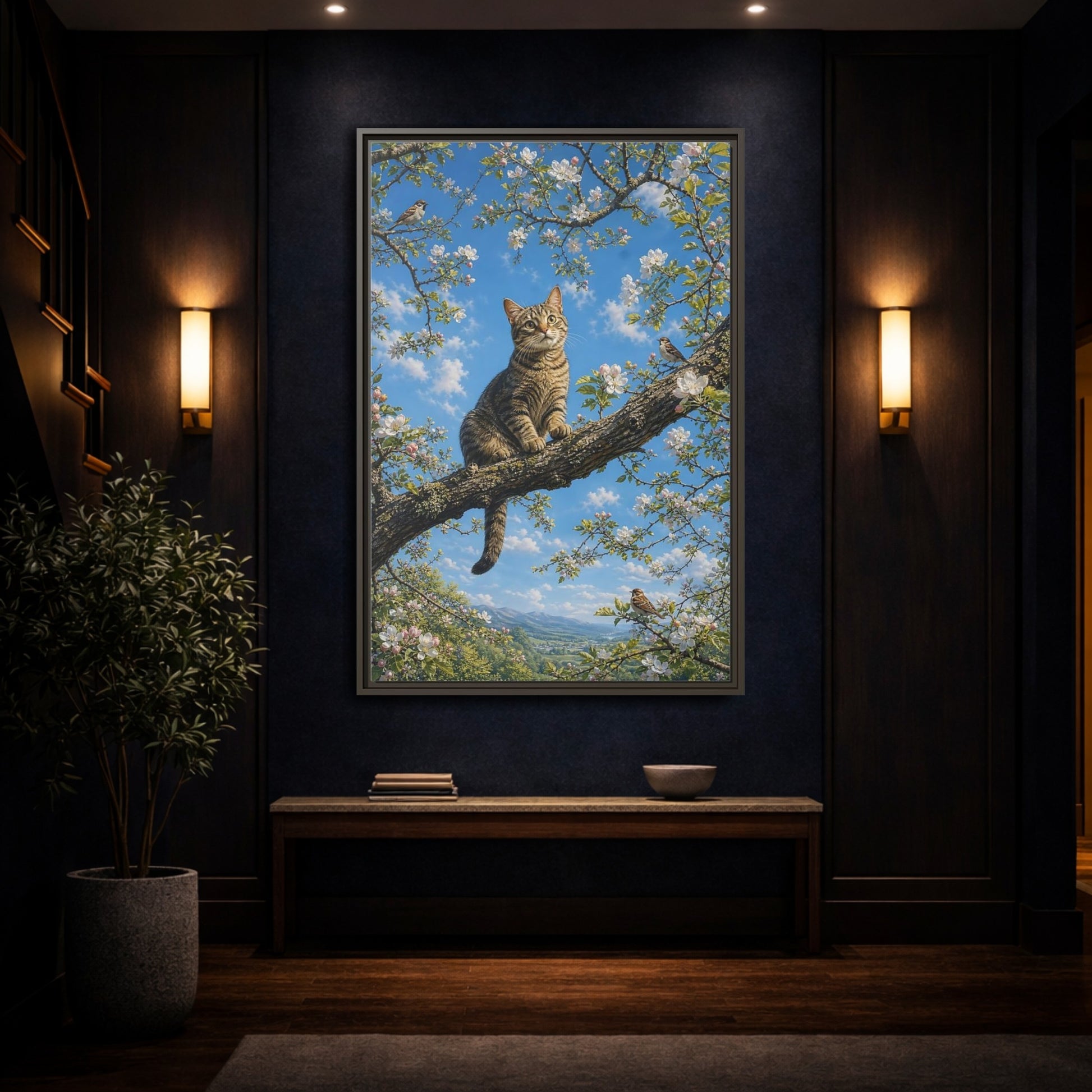 Nature Tabby Cat Spring Framed Canvas Wall Art - Realistic Living Room shown as canvas wall art