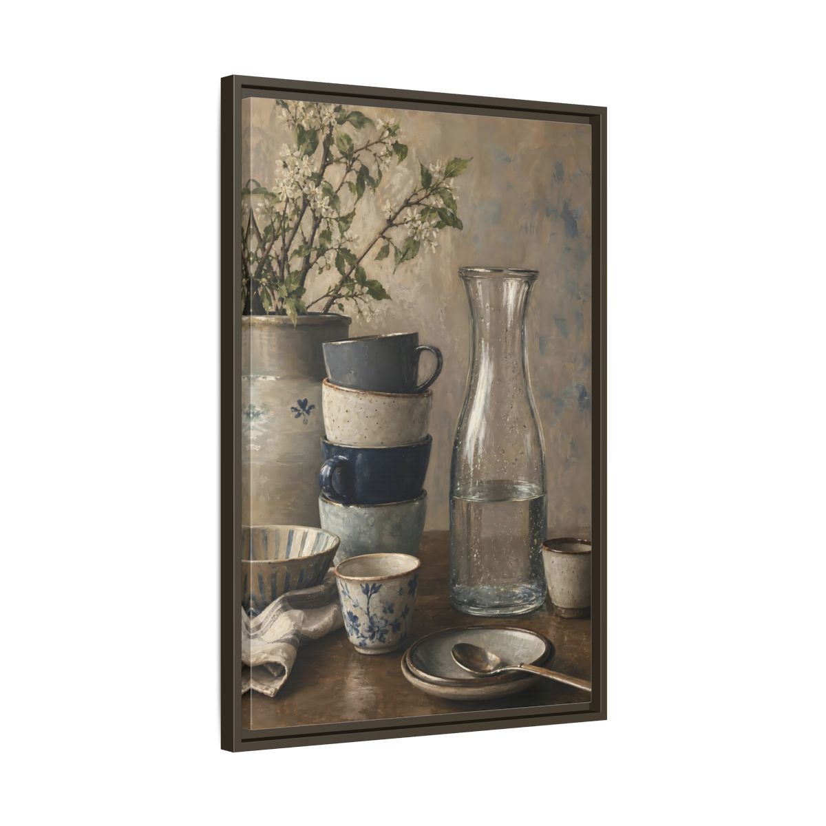 Side Mockup 11. Nature Tableware Still Life Rustic Blue Tableware shown as framed canvas print
