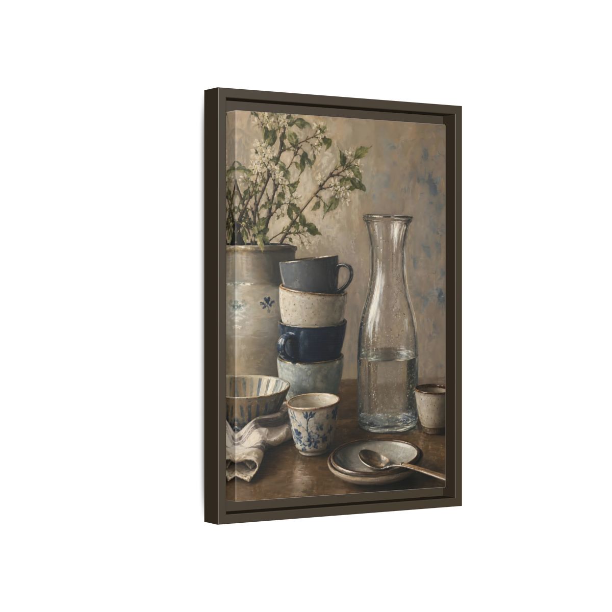 Side Mockup 5. Nature Tableware Still Life Rustic Blue Tableware shown as framed canvas print
