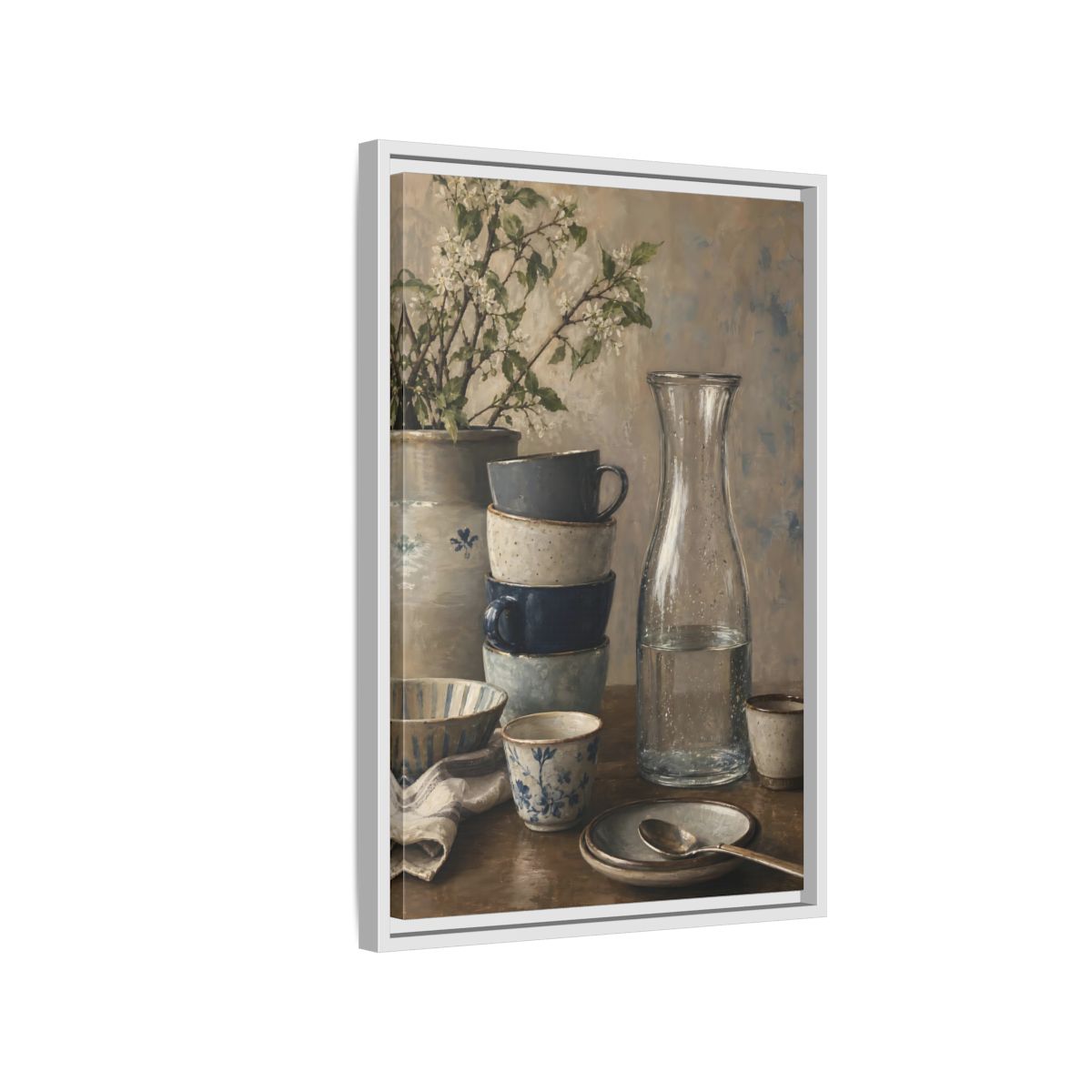 Side Mockup 1. Nature Tableware Still Life Rustic Blue Tableware shown as framed canvas print