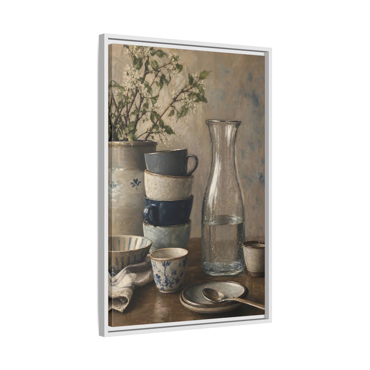 Side Mockup 10. Nature Tableware Still Life Rustic Blue Tableware shown as framed canvas print