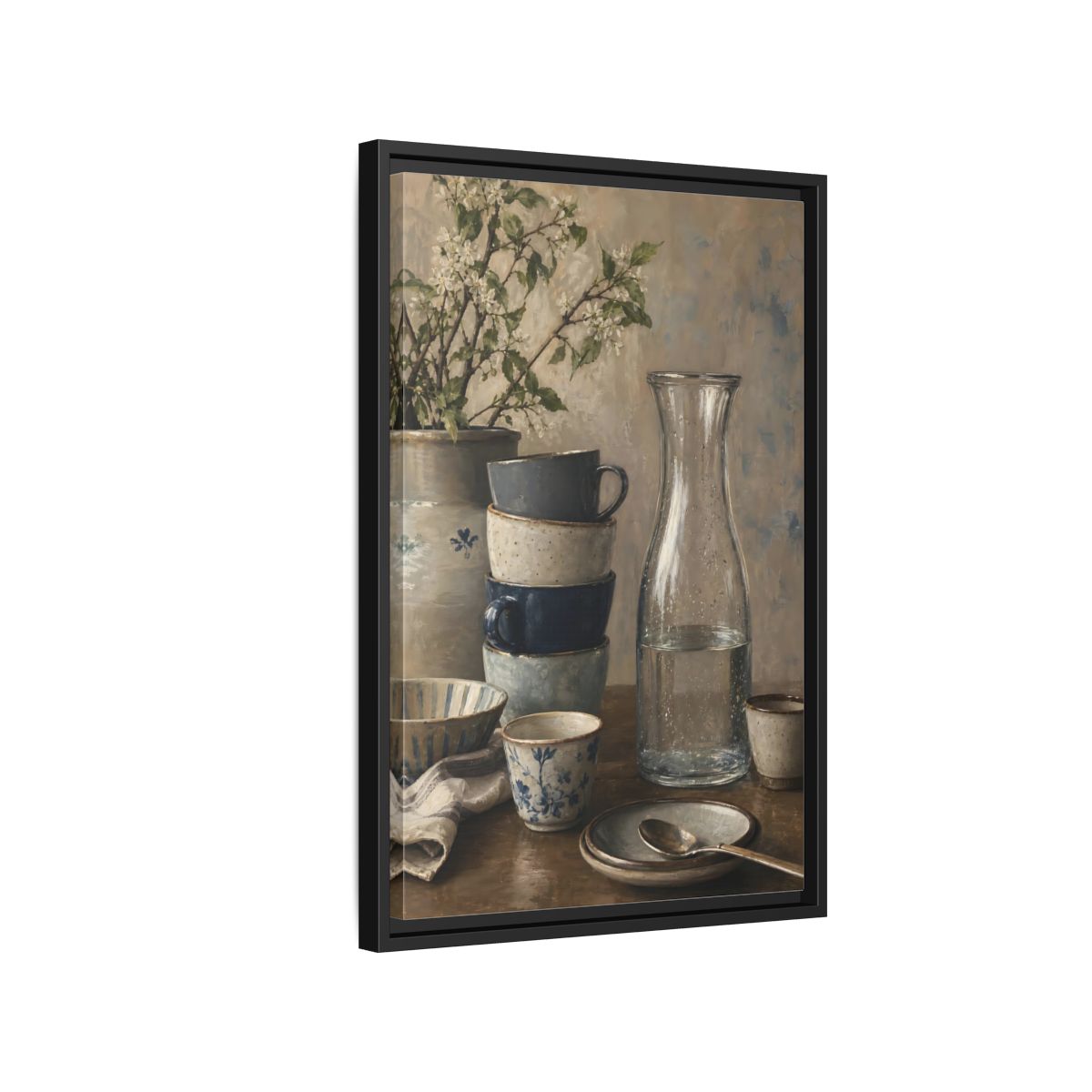 Side Mockup 3. Nature Tableware Still Life Rustic Blue Tableware shown as framed canvas print