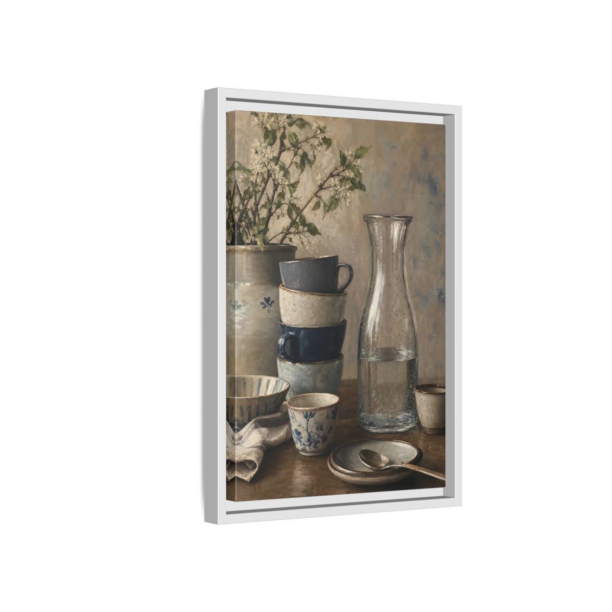 Side Mockup 4. Nature Tableware Still Life Rustic Blue Tableware shown as framed canvas print