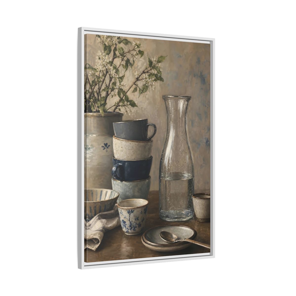 Side Mockup 9. Nature Tableware Still Life Rustic Blue Tableware shown as framed canvas print