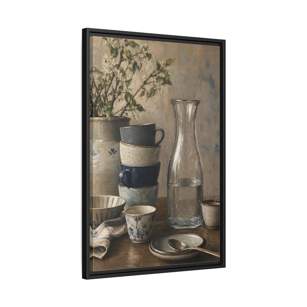 Side Mockup 14. Nature Tableware Still Life Rustic Blue Tableware shown as framed canvas print