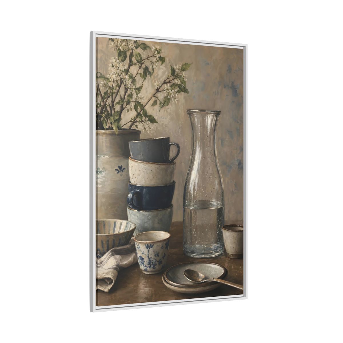 Side Mockup 7. Nature Tableware Still Life Rustic Blue Tableware shown as framed canvas print