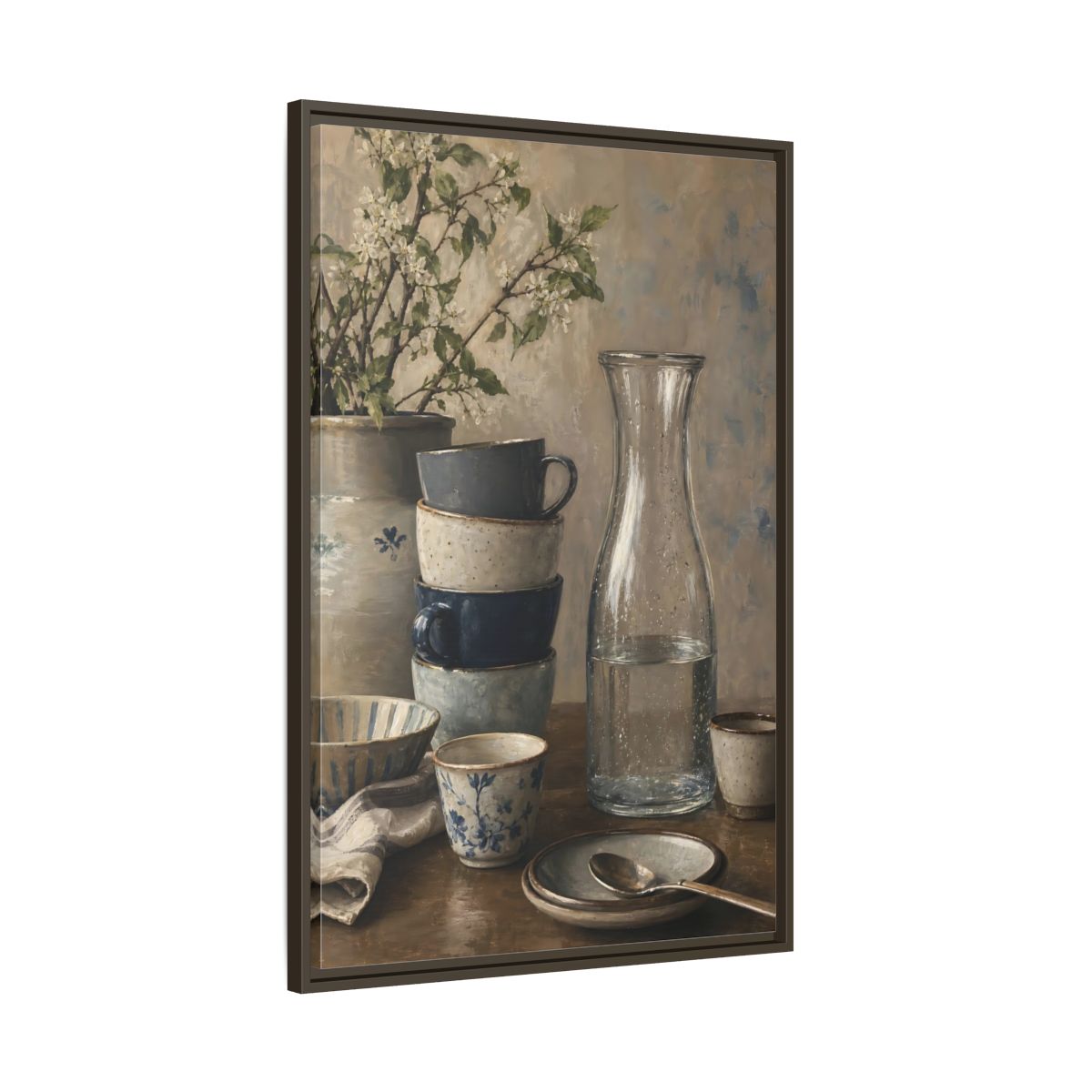 Main Mockup. Nature Tableware Still Life Rustic Blue Tableware shown as framed canvas print