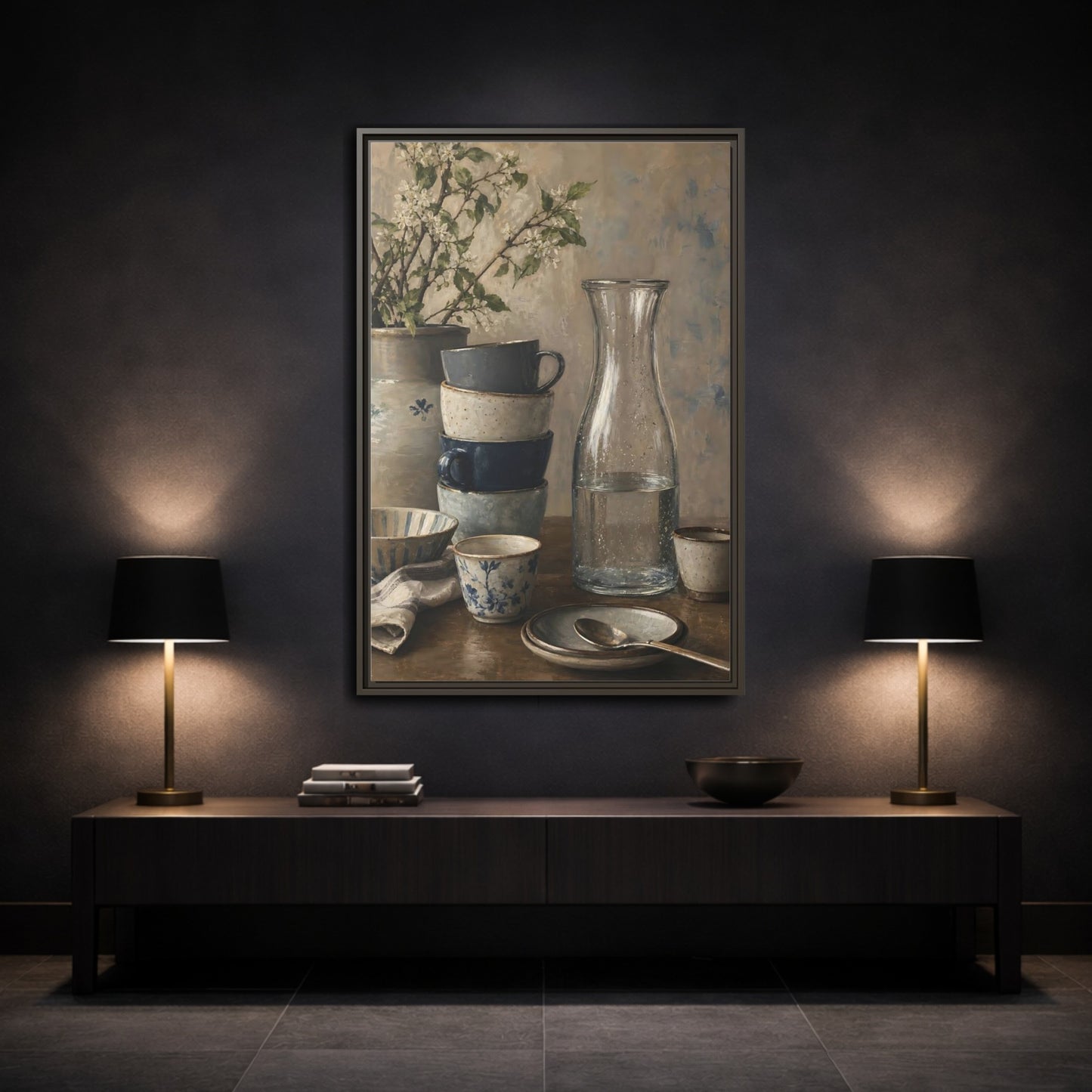 Mockup 2. Nature Tableware Still Life Rustic Blue Tableware shown as framed canvas print