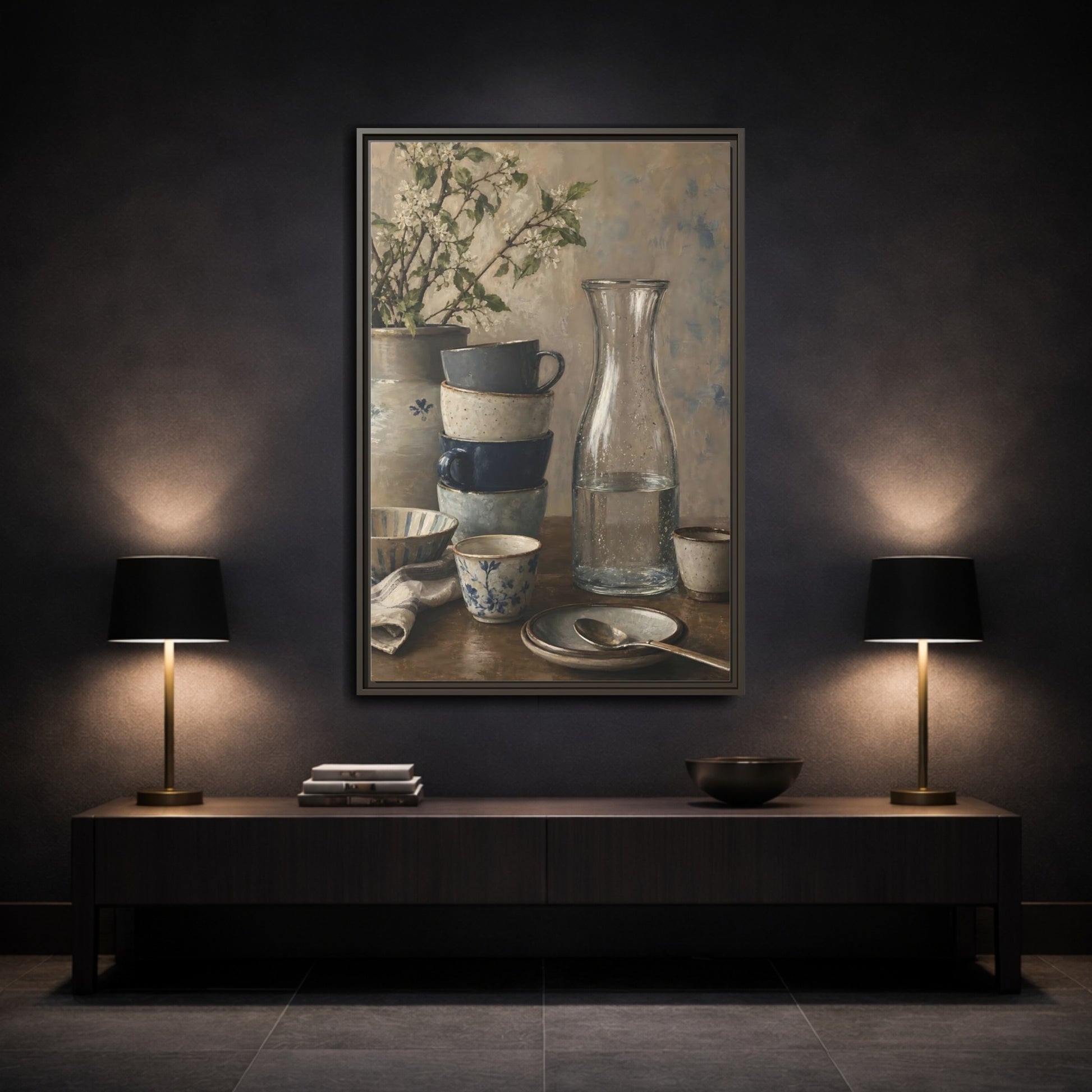 Mockup 2. Nature Tableware Still Life Rustic Blue Tableware shown as framed canvas print
