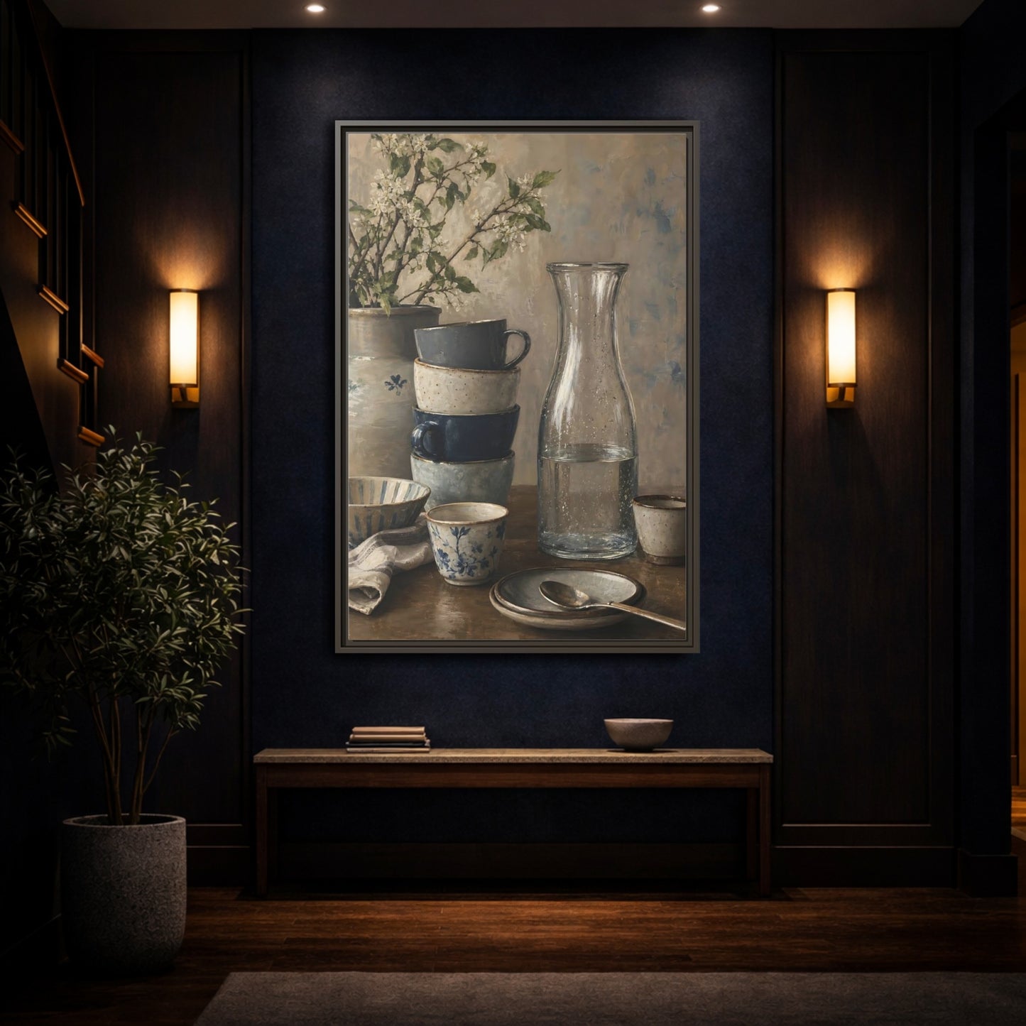 Mockup 4. Nature Tableware Still Life Rustic Blue Tableware shown as framed canvas print