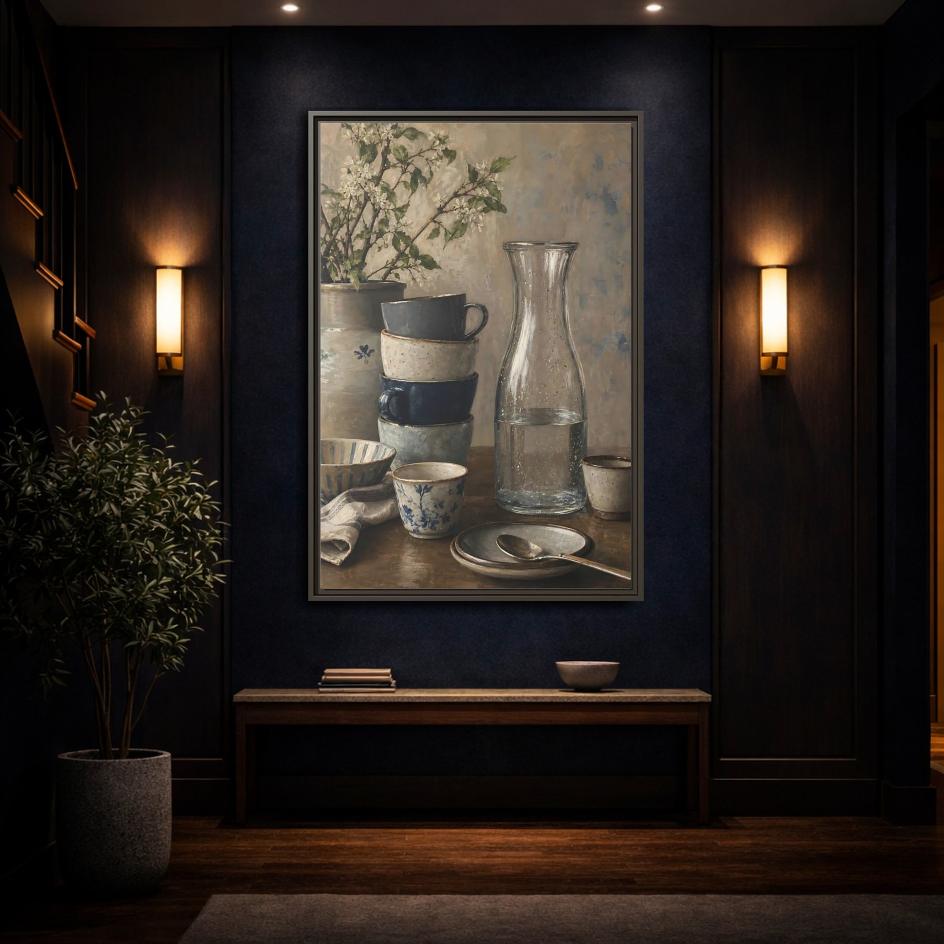Mockup 4. Nature Tableware Still Life Rustic Blue Tableware shown as framed canvas print