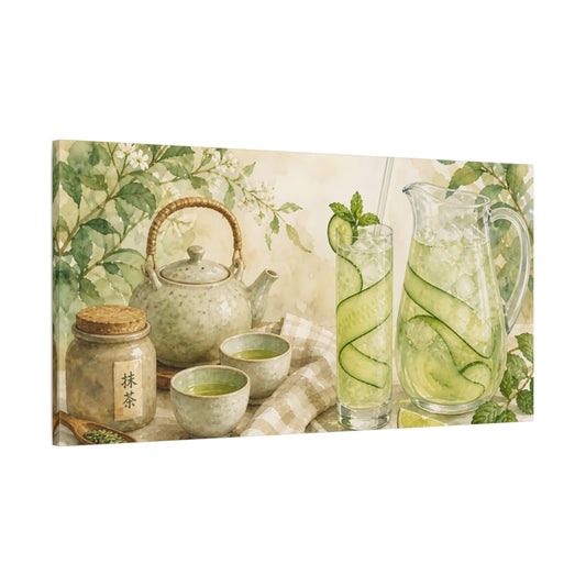 Main Mockup. Nature Tea And Drinks Green And Beige shown as canvas print