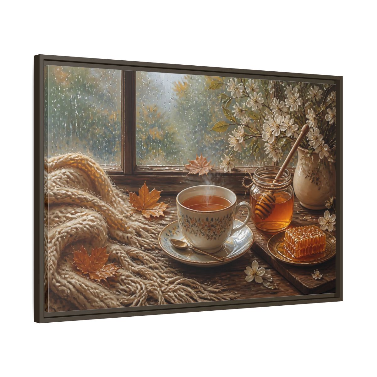 Main Mockup. Nature Tea Cup Cozy Autumn Scene shown as stretched canvas wall art