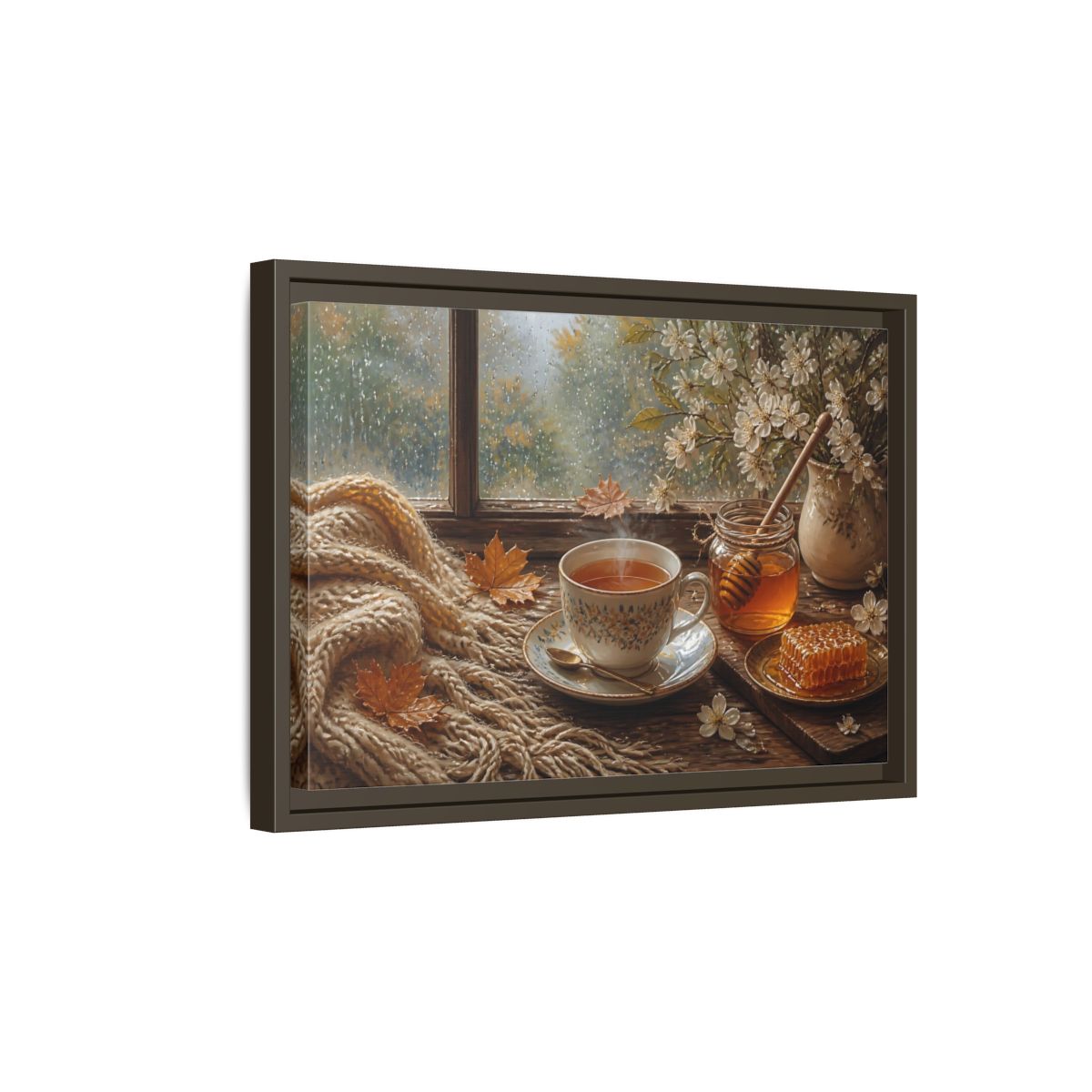 Side Mockup 5. Nature Tea Cup Cozy Autumn Scene shown as stretched canvas wall art