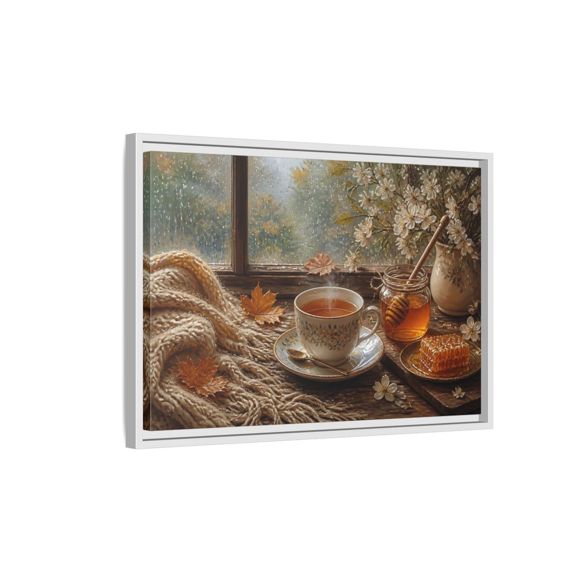 Side Mockup 1. Nature Tea Cup Cozy Autumn Scene shown as stretched canvas wall art