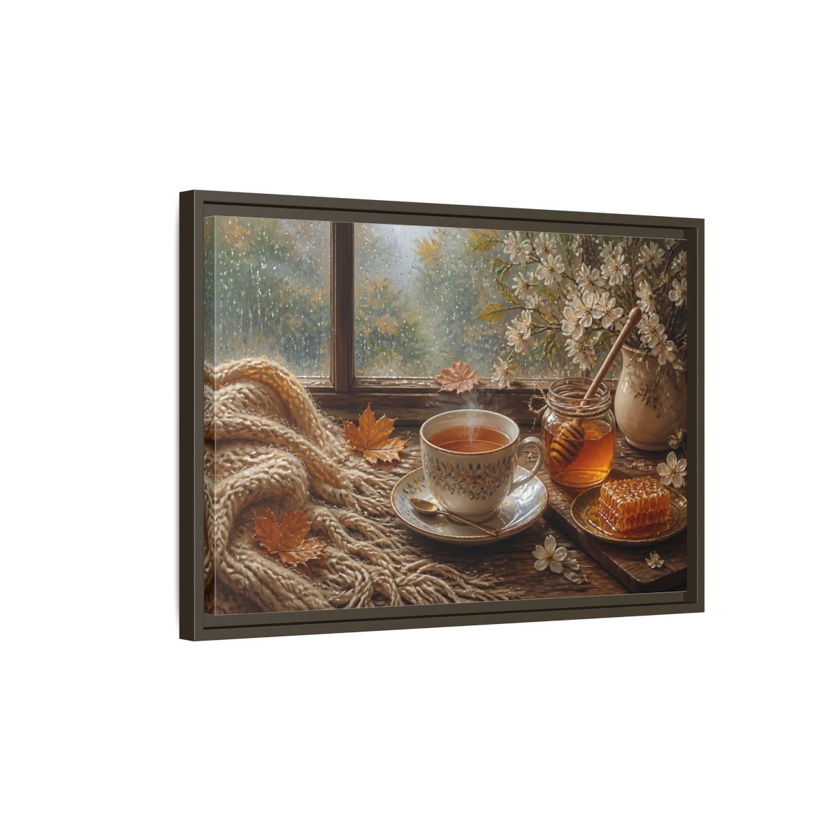 Side Mockup 2. Nature Tea Cup Cozy Autumn Scene shown as stretched canvas wall art