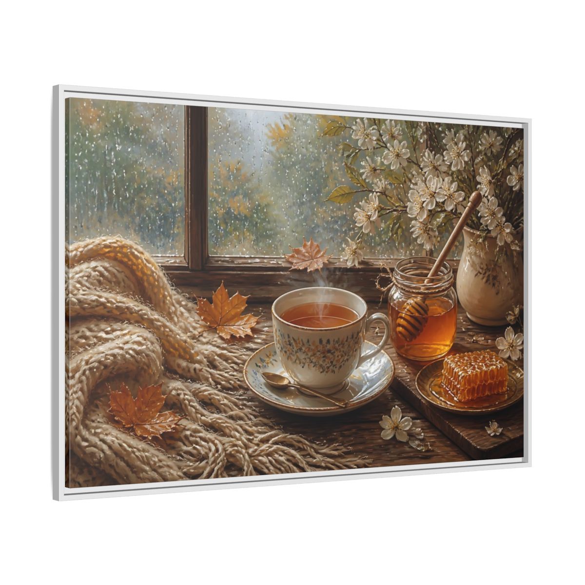 Side Mockup 7. Nature Tea Cup Cozy Autumn Scene shown as stretched canvas wall art