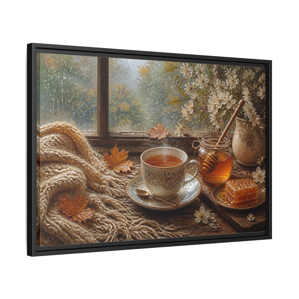 Side Mockup 14. Nature Tea Cup Cozy Autumn Scene shown as stretched canvas wall art