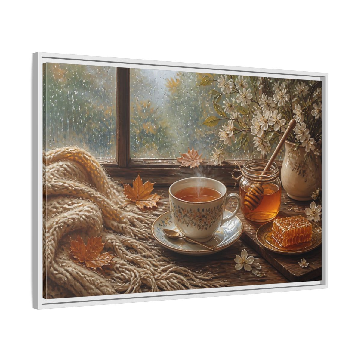 Side Mockup 9. Nature Tea Cup Cozy Autumn Scene shown as stretched canvas wall art