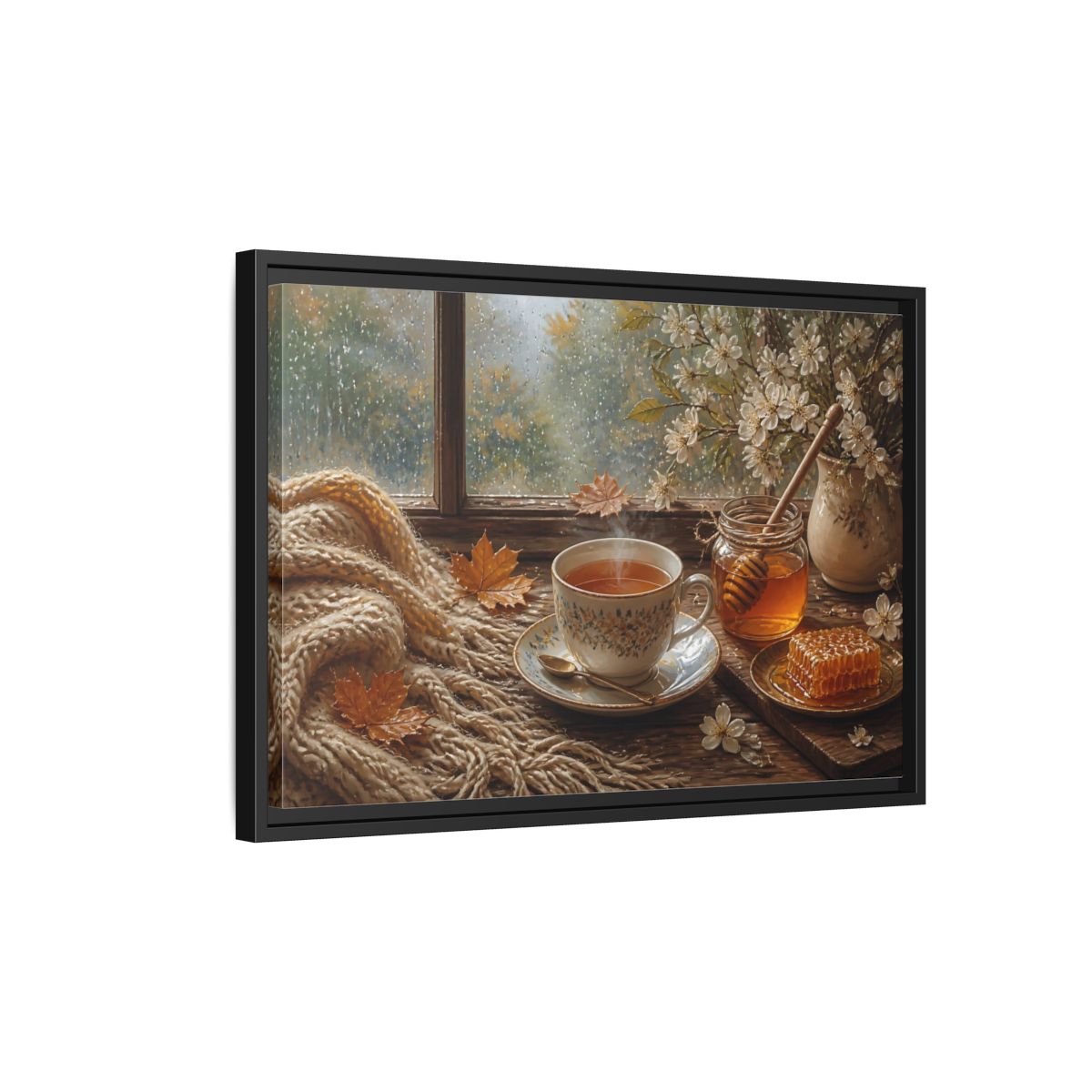 Side Mockup 3. Nature Tea Cup Cozy Autumn Scene shown as stretched canvas wall art